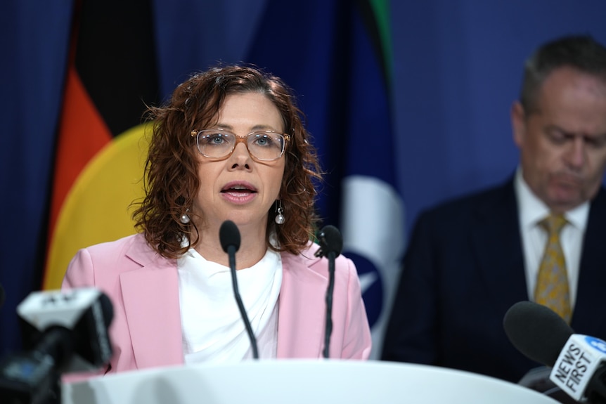 Social Services Minister Amanda Rishworth at a press conference in Sydney